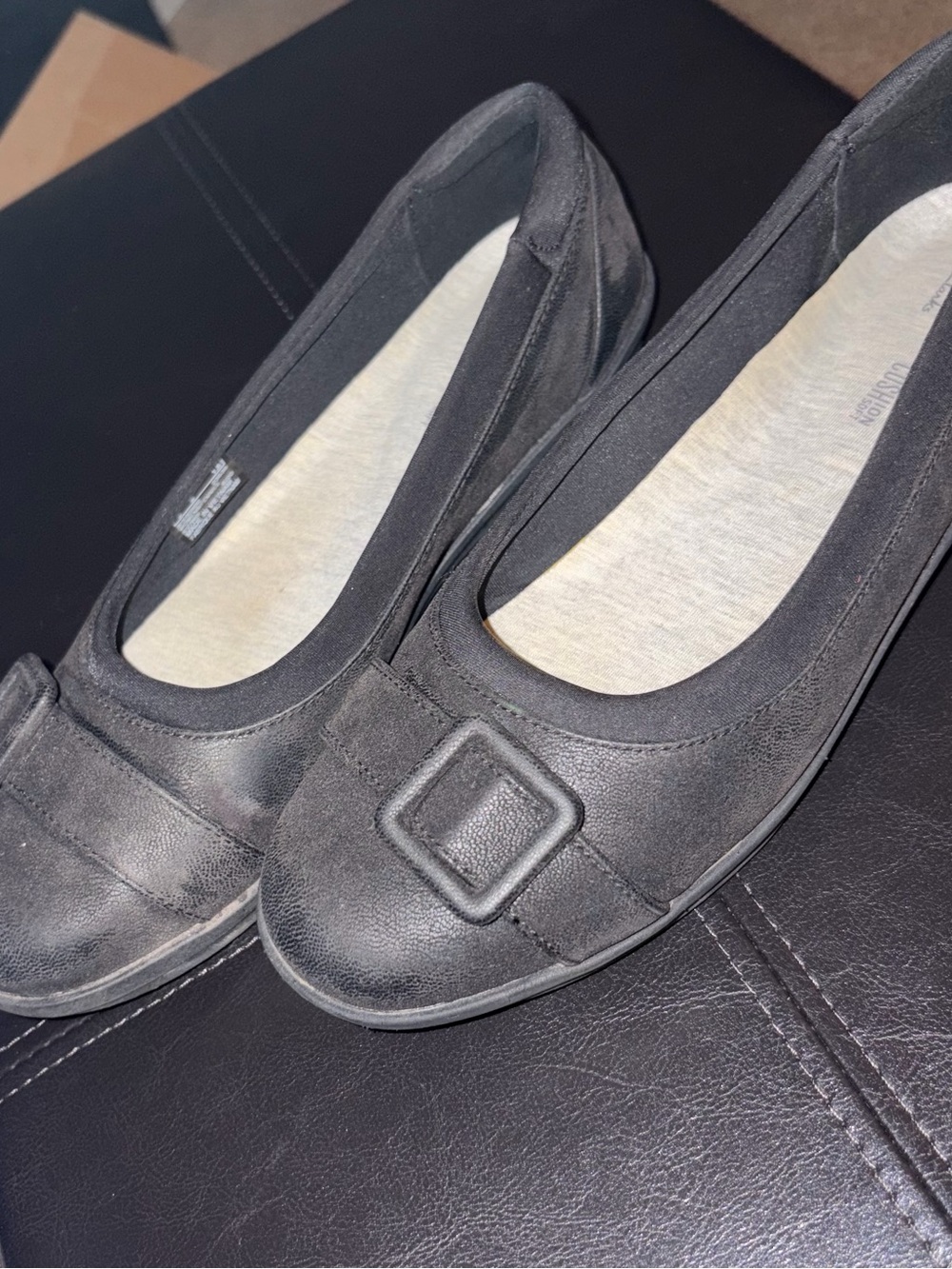 Clarks Black Leather Slip-On Ballet Flats with Square Buckle
